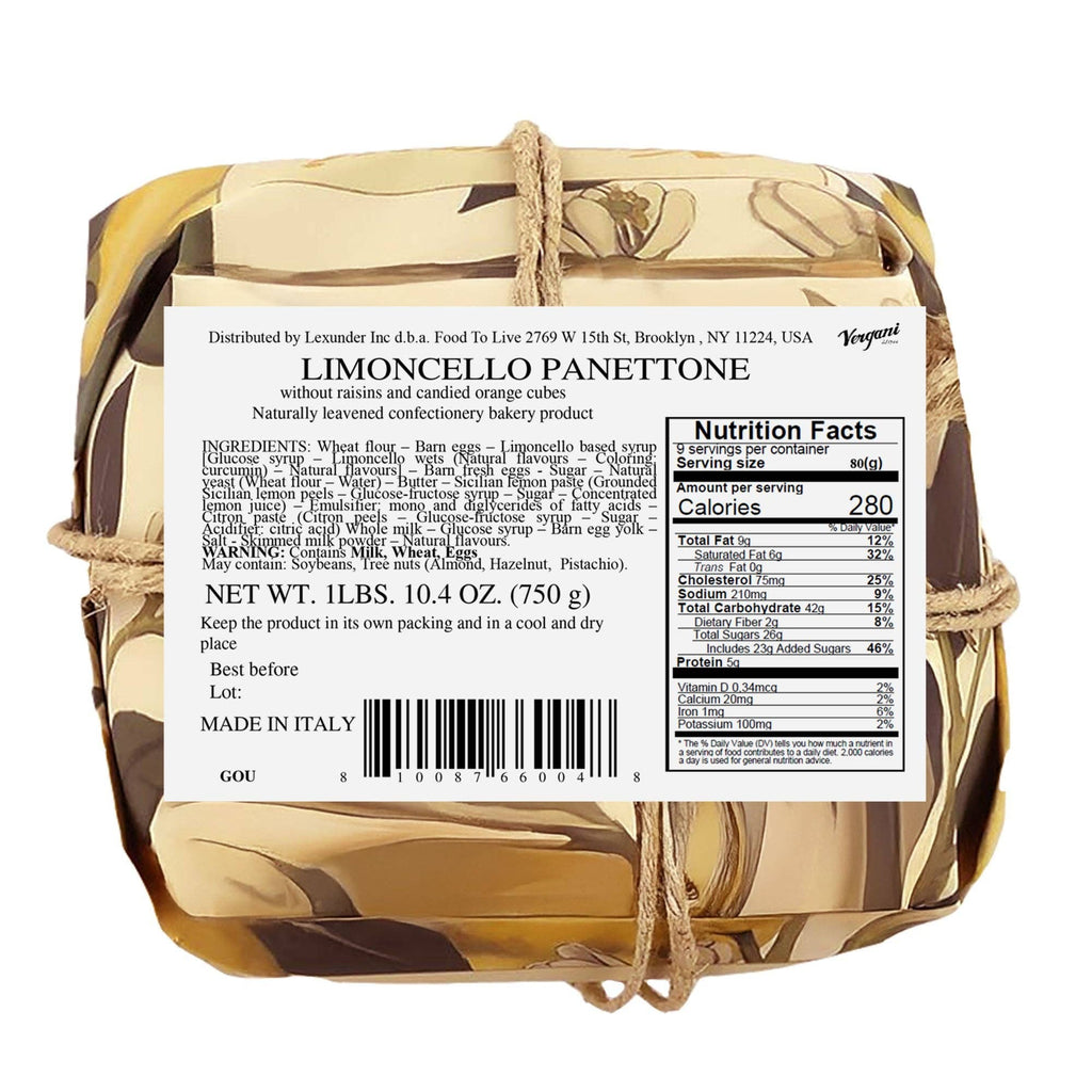 Food To Live - Vergani Limoncello Panettone - 750g (1.65 lb)