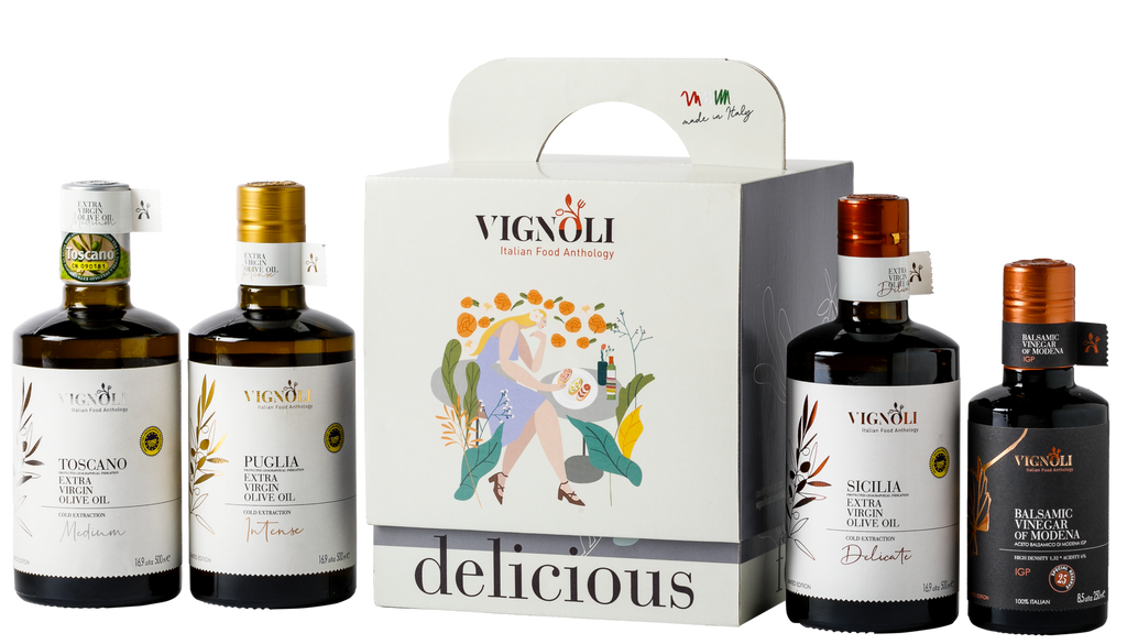 Vignoli Italian Food Anthology - Premium Serving Set, 3 olive oils + balsamic vinegar
