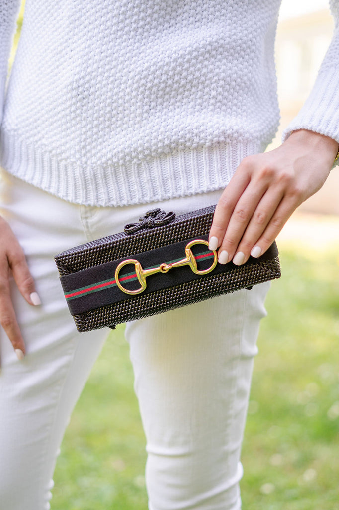 Lisi Lerch - Colette Clutch, Black w/ Green & Red Ribbon w/ Snaffle