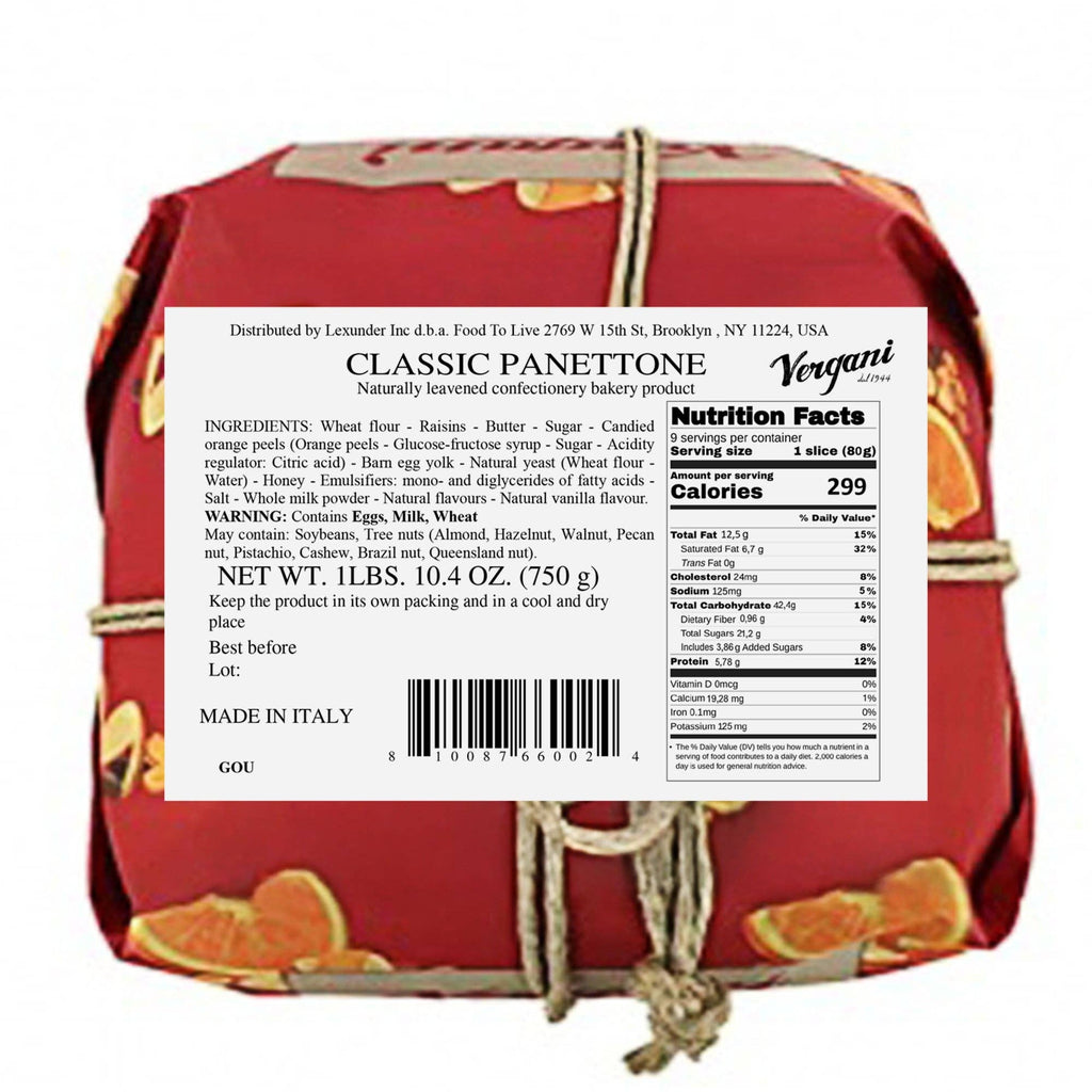 Food To Live - Vergani Classic Panettone - 750g (1.65 lb)- by Food to Live
