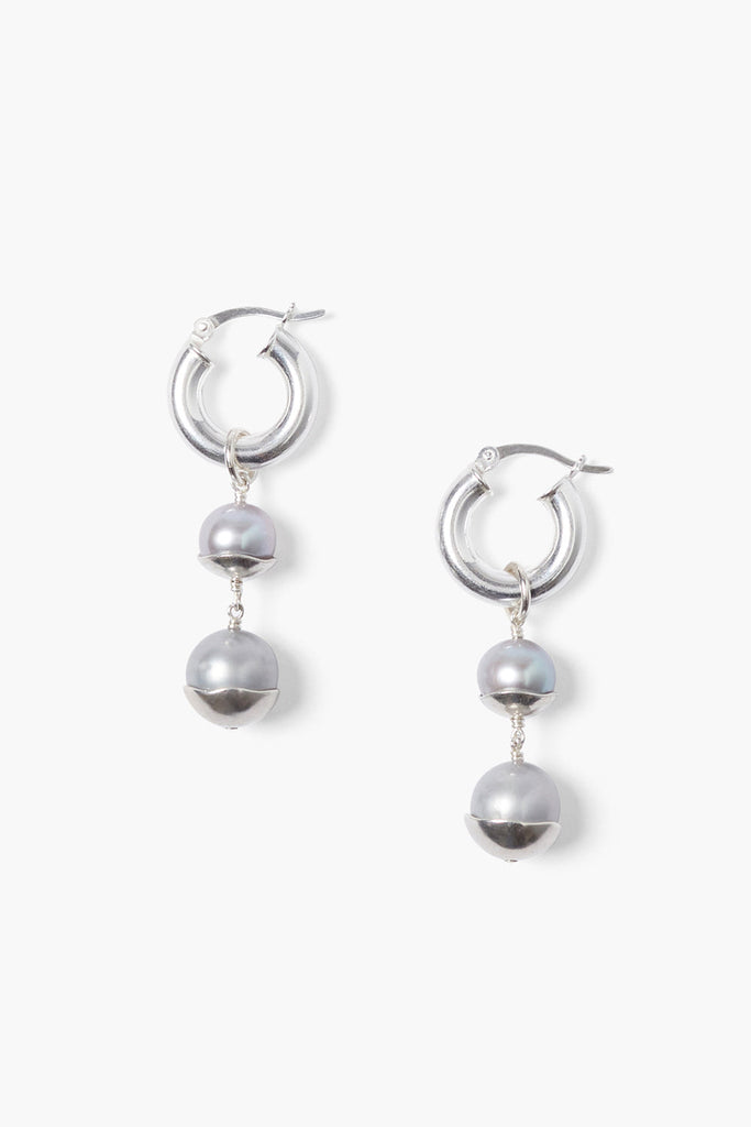Chan Luu -  Silver Dipped Tiered Hoop Grey Pearl Earrings