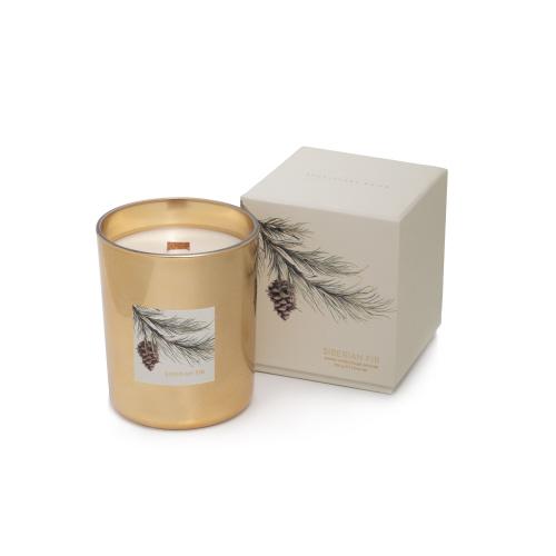 Zodax - Siberian Fir Gold Wood Wick Candle w/ Gray Gift Box