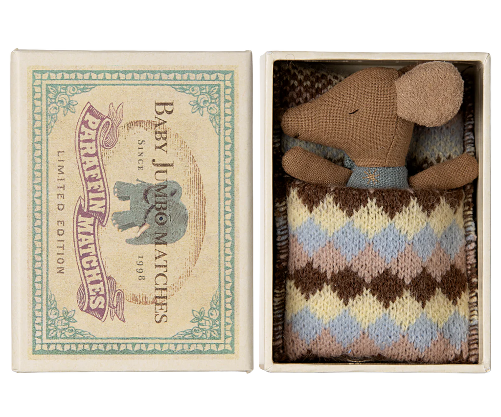 Maileg Sleepy Wakey Baby Mouse in Matchbox-Blue