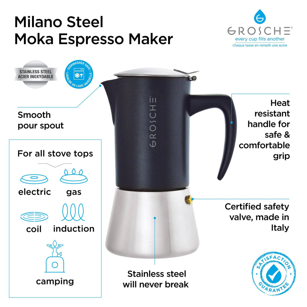 Grosche Milano - Stainless Steel Stovetop Espresso Maker, black