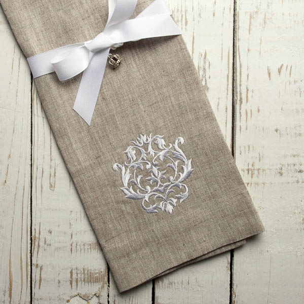Crown Linen Designs - Damask Linen Towel, Flax/White