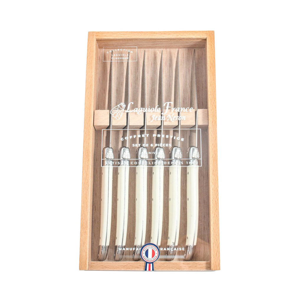 Kiss That Frog - Laguiole - Ivory Platine Knives in Wooden Box with Acrylic Lid (Set of 6)