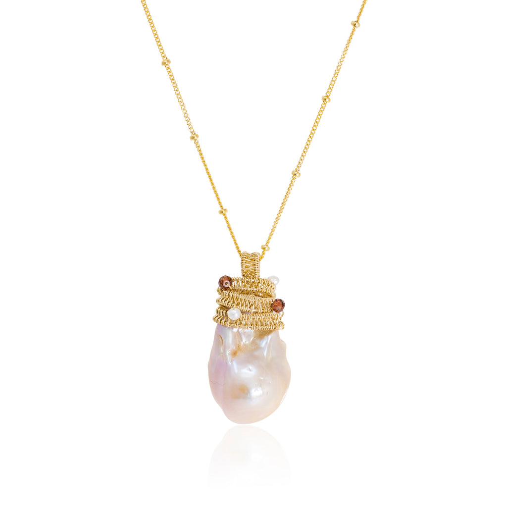 Chuang Yi Gallery -Baroque Pearl Necklace w Gold wire & Garnet Accents