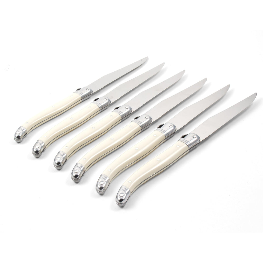 Kiss That Frog - Laguiole - Ivory Platine Knives in Wooden Box with Acrylic Lid (Set of 6)