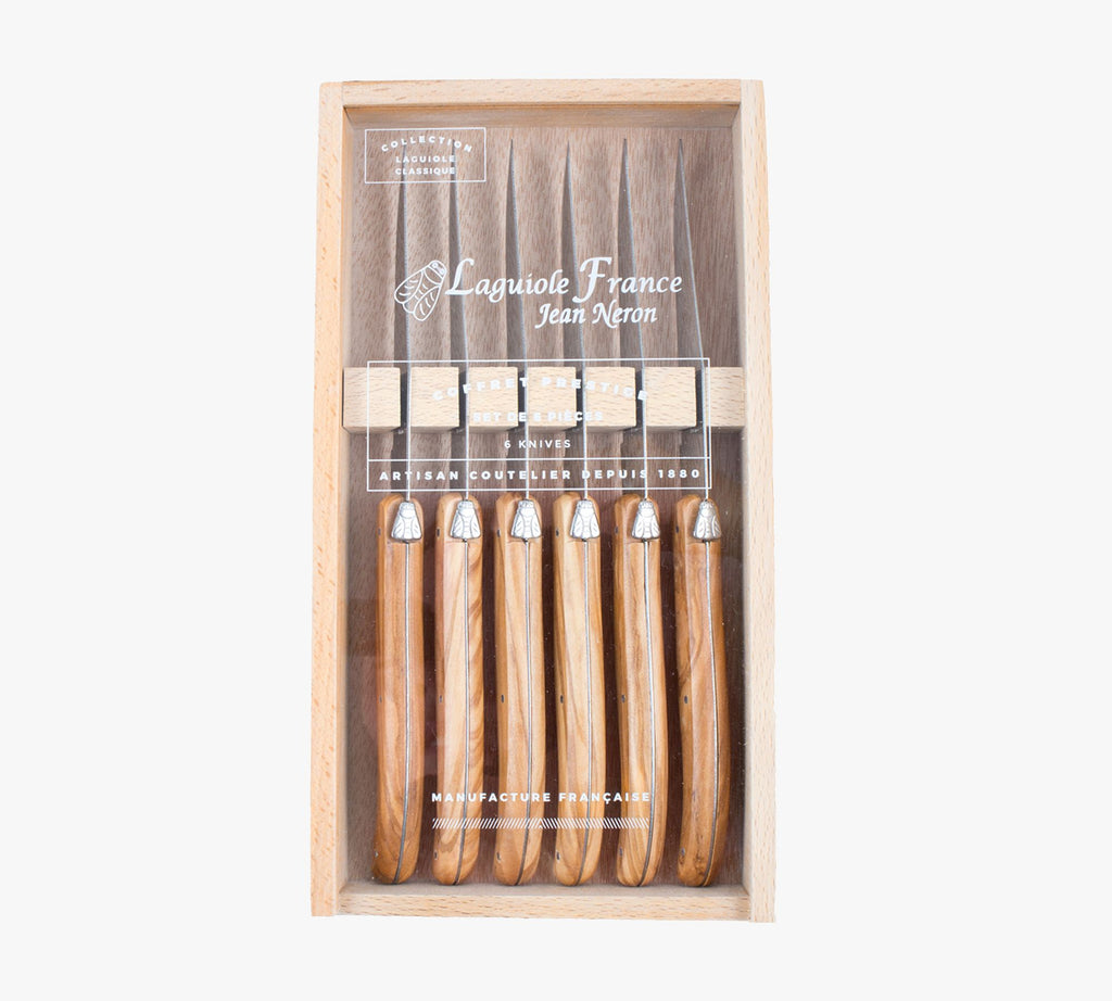 Kiss That Frog - Laguiole - Olivewood Steak Knives in Wooden Box with Acrylic Lid (Set of 6)